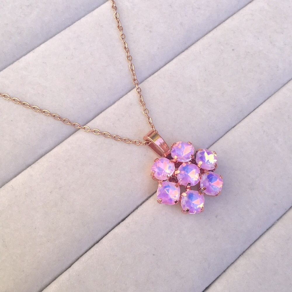 Pink Opal Aurora Borealis +Rose Gold Crystal Flower Drop Pendant Necklace - Picture 3 of 6